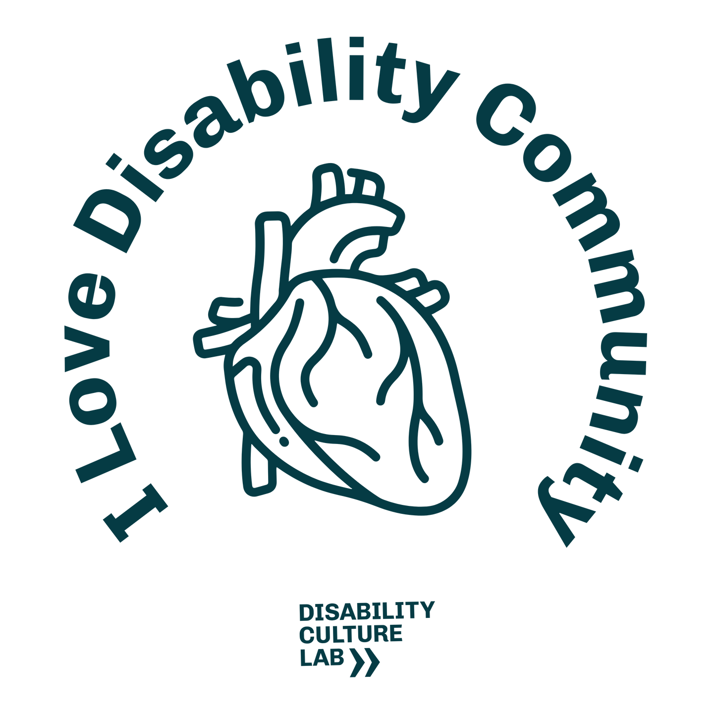 Stylized anatomical heart with "I Heart Disability Community" text and the brand name "Disability Culture Lab" encircling it in a circular design.