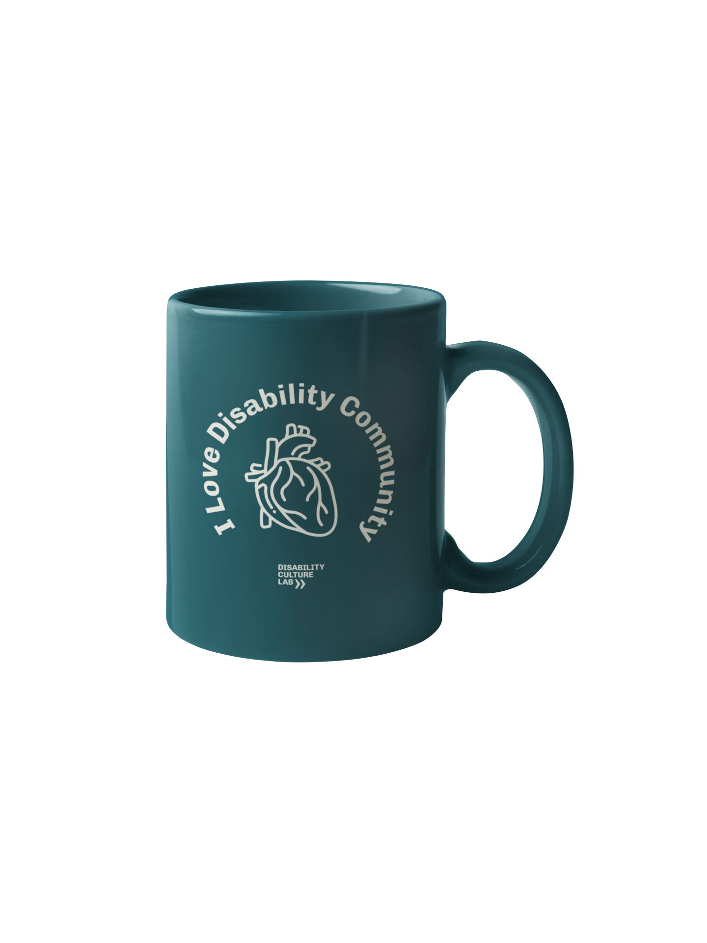 The I Heart Disability Ceramic Mug by Disability Culture Lab is a teal ceramic mug adorned with the inspiring phrase "I Love Disability Community" encircling a heart design, celebrating Disability Culture.