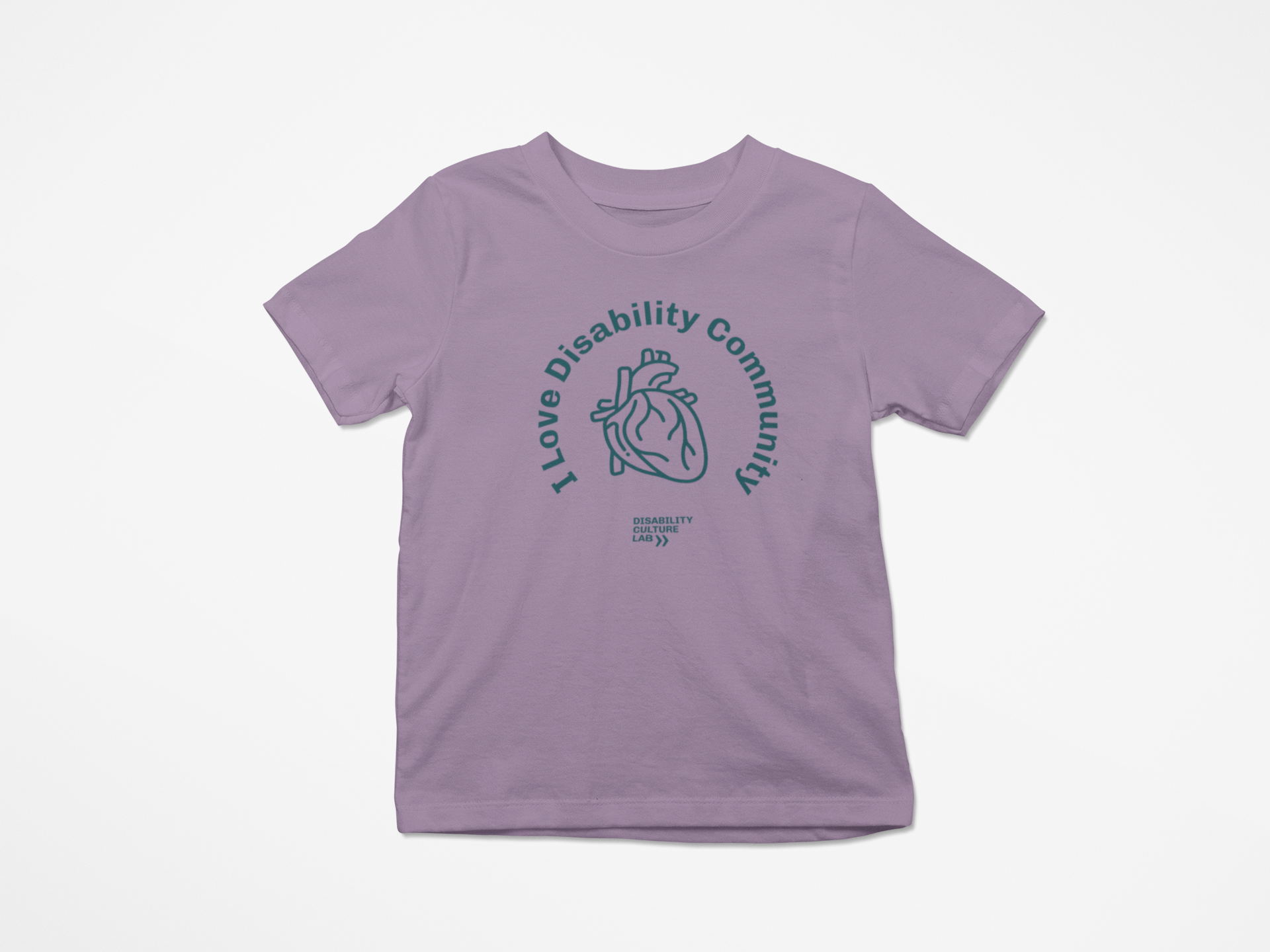 This exclusive collaboration from Disability Culture Lab presents the "I Heart Disability Community Kids Tee," a lavender shirt featuring the phrase "I Love Disability Community" wrapped around a heart-shaped hand design. Created by a disabled artist and printed with union pride in the USA, it includes the Disability Unite logo beneath the design.