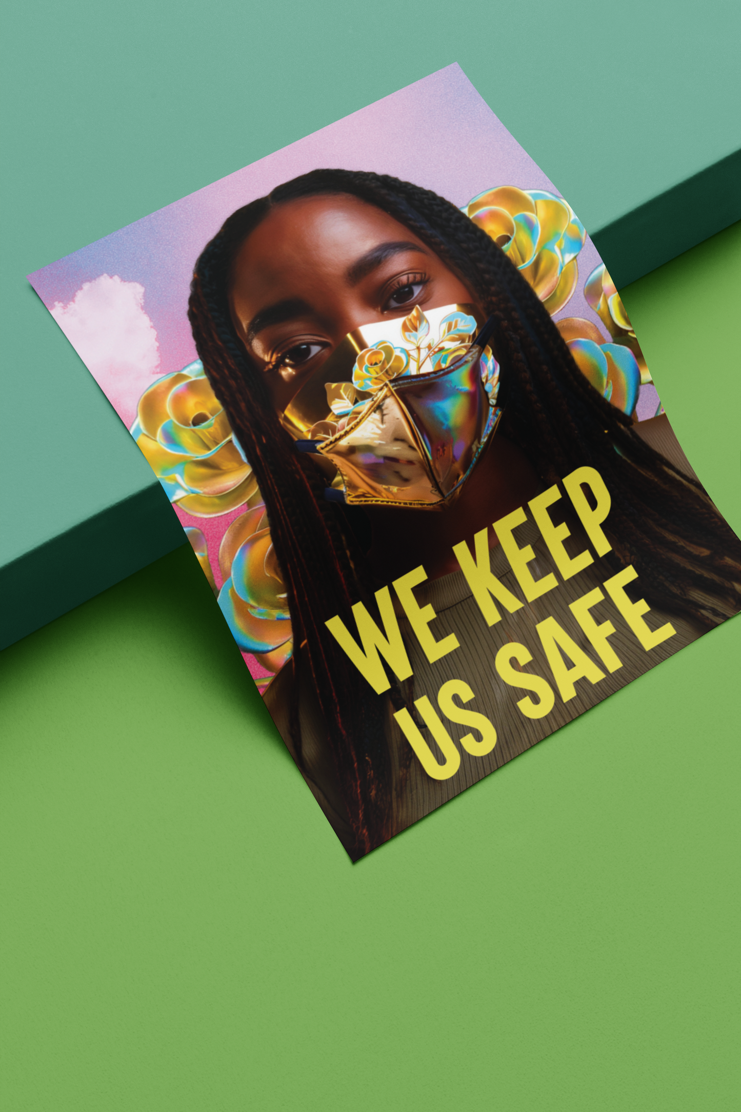 The image features the Limited Edition "We Keep Us Safe" Poster from Disability Culture Lab, depicting a person wearing an ornate mask with braided hair against a vibrant background on Cold Press Watercolor Paper. Bold yellow lettering declares "WE KEEP US SAFE." The backdrop, designed by a talented disabled artist, showcases rich hues of green.