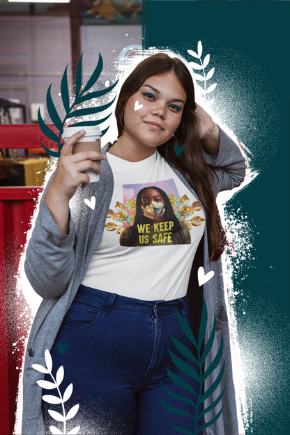 A woman in a gray cardigan and blue jeans holds a coffee cup. Her t-shirt, from the Disability Culture Lab, features the "We Keep Us Safe Tee" design with a woman's face and the text "WE KEEP US SAFE." The image is surrounded by artistic leaves and hearts on a teal and white background, echoing vibes similar to Jennifer White-Johnson's work.