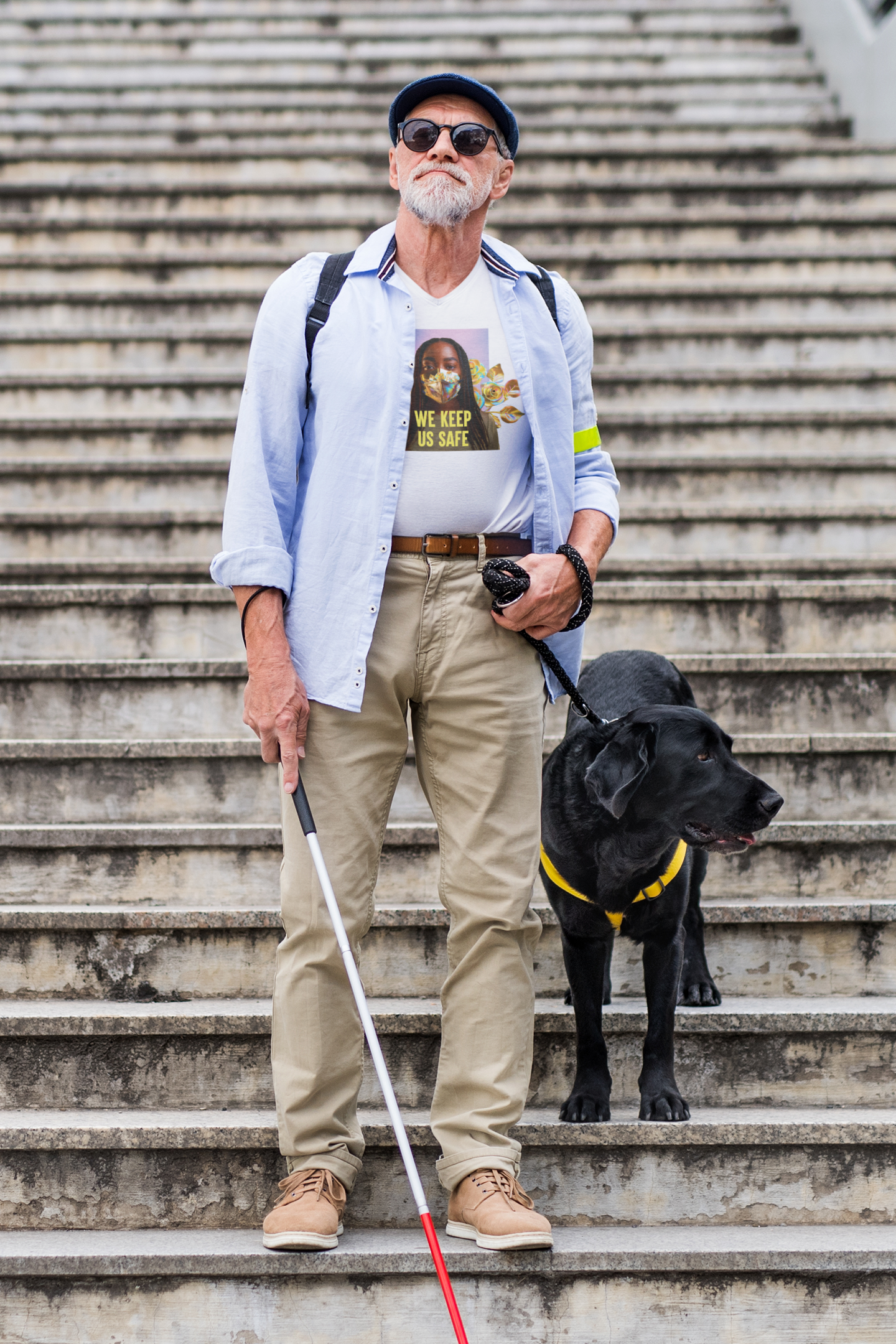 An older man with a white beard stands confidently on stairs, holding a white cane and dressed in a "We Keep Us Safe" Tee by Disability Culture Lab, embodying the brand's spirit. Beside him is his loyal guide dog. His outfit, featuring a blue cap, sunglasses, and khaki pants, highlights Union Printed craftsmanship.