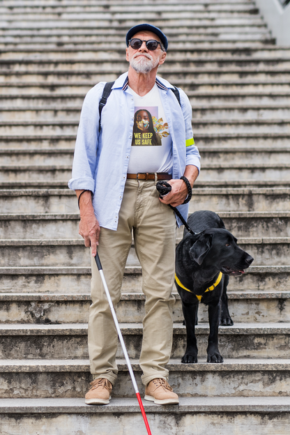 An older man with a white beard stands confidently on stairs, holding a white cane and dressed in a "We Keep Us Safe" Tee by Disability Culture Lab, embodying the brand's spirit. Beside him is his loyal guide dog. His outfit, featuring a blue cap, sunglasses, and khaki pants, highlights Union Printed craftsmanship.